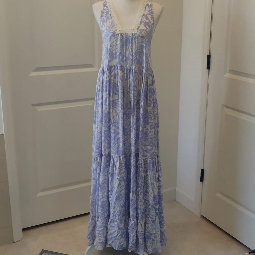 New!Free people slip on boho-chick tier cornflower combo maxi dress Cottagecore - Picture 7 of 15